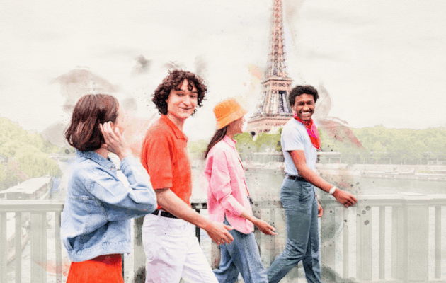 Watercolor image of four students walking by the Eiffel Tower
