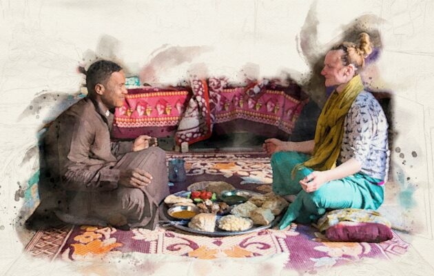 Watercolor-style image of two men sitting cross-legged on a carpet, sharing a platter of food