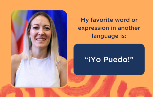 Portrait photo of Sonia with the text "My favorite word or expression in another language is Yo Puedo!"